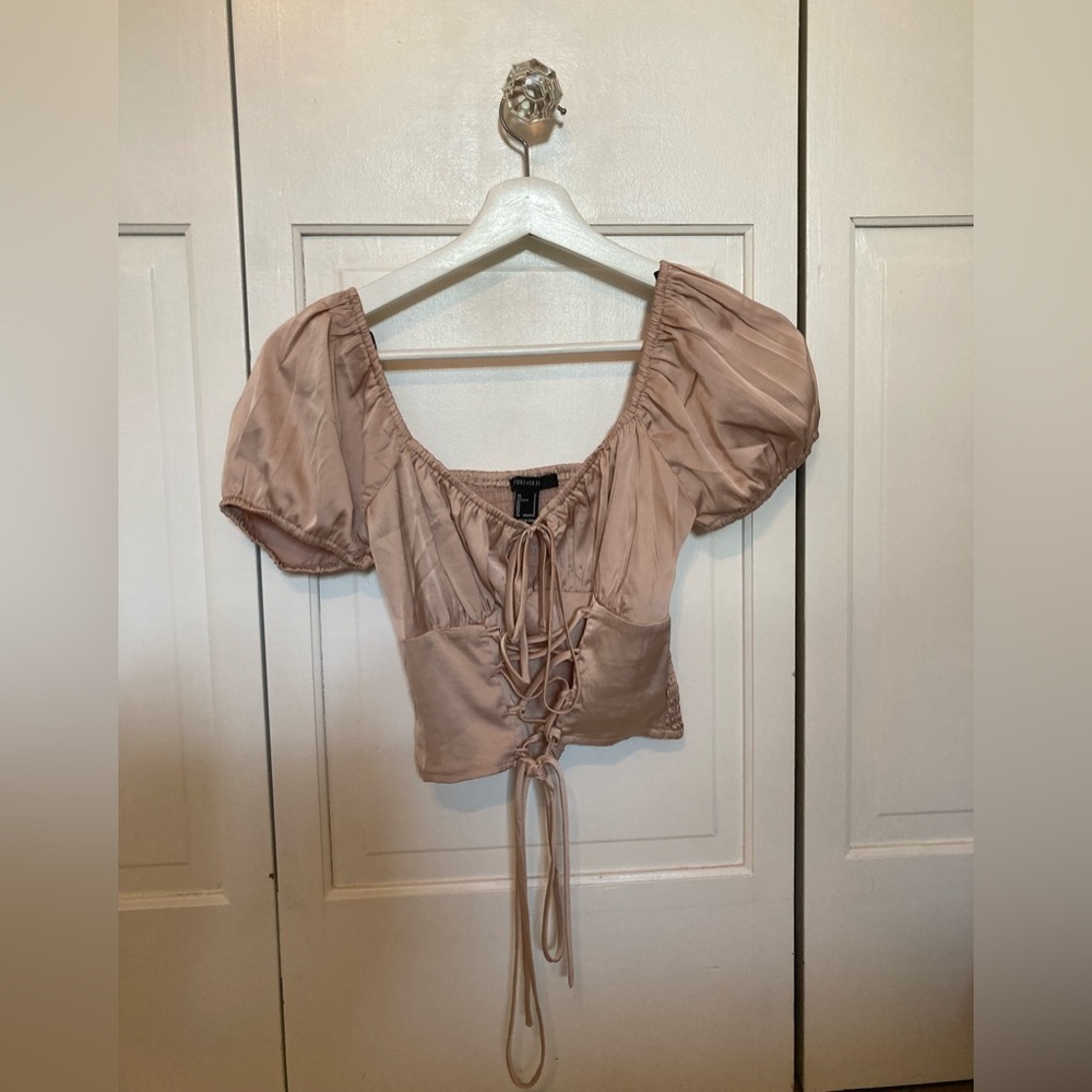 Forever 21 Satin Champagne Bubble Sleeve Top